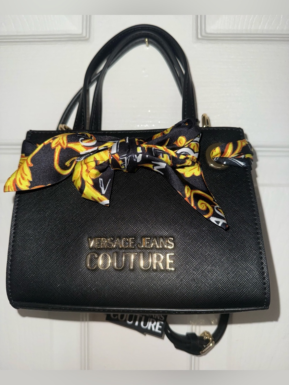 Versace Jeans Couture Black Mini Satchel with Gold Logo and Decorative Scarf